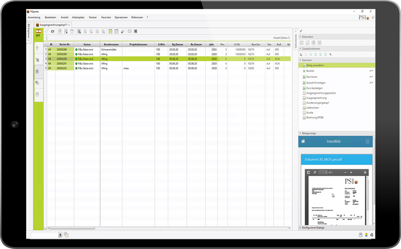 Tablet Bildschirm mit PSI Software Dokumentenmanagement