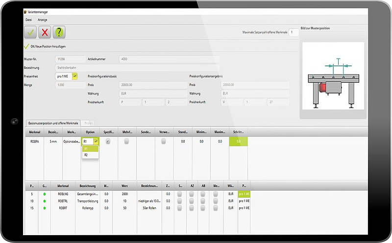 Tablet Bildschirm mit PSI Software Variantenmanagement
